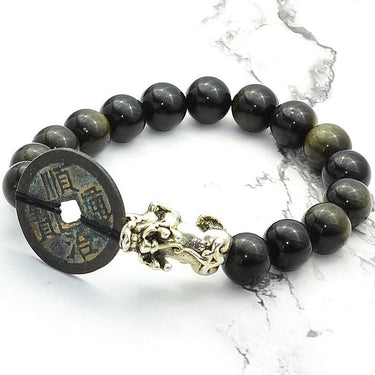 Golden Obsidian Stone & WEALTH Ancient Coin & Pixiu Feng Shui Bracelet